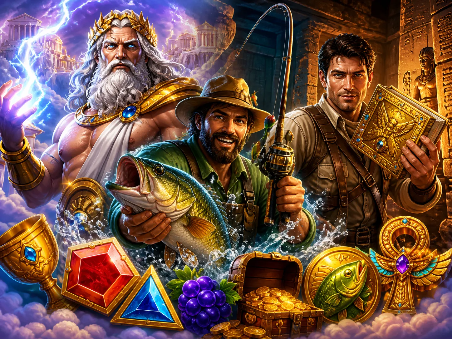 Detailed illustration of characters and worlds inspired by diverse slot game themes.
